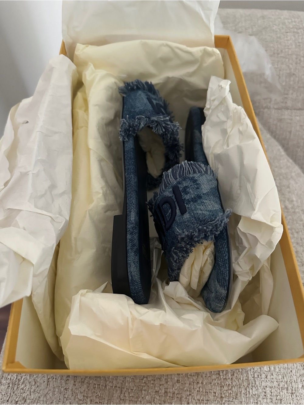 Fendi Frayed Denim Logo Slide Sandals - Dark Blue - Picture 4 of 6